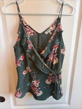 Monteau Olive Green Floral Wrap Cami with Ruffle Trim